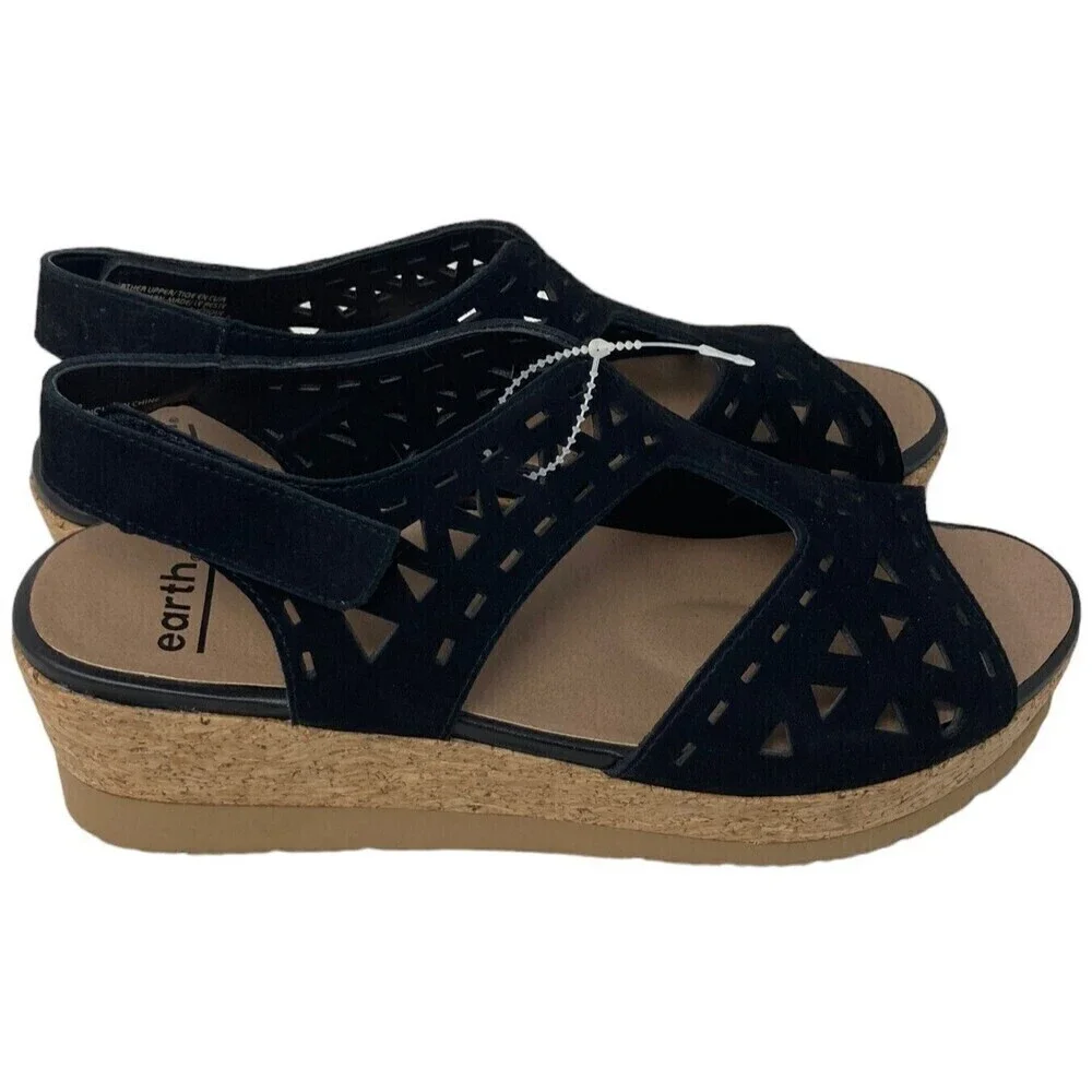 NEW Earth Buran Rosa Women's Size 10 Black Suede Leather Wedge Sandals  Shoes